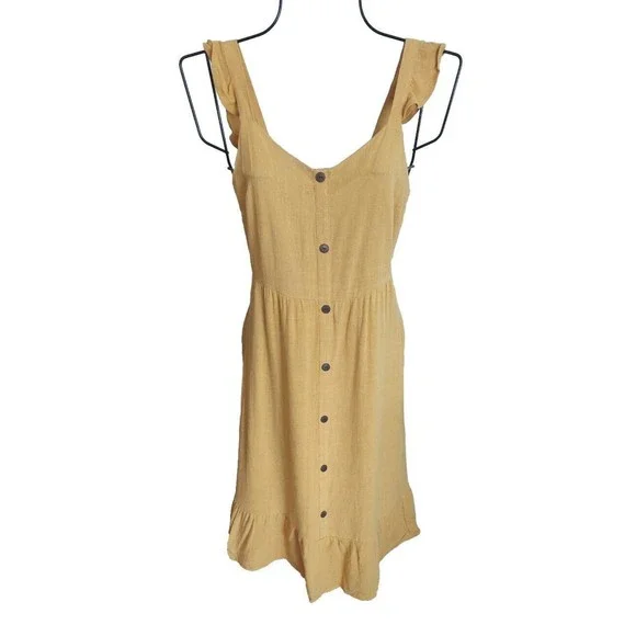 Monteau Dresses | Monteau Linen Blend Midi Dress Ruffled Hem And Sleeves Xs Nwt | Color: Yellow | Size: Xs | Misty600's Closet